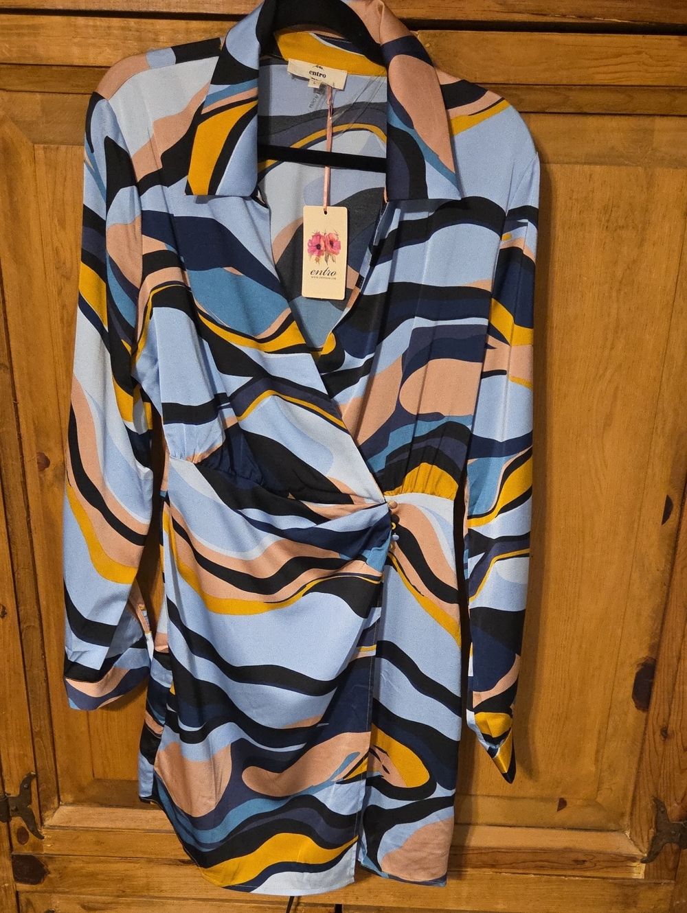 entro Blue Wave-Print Wrap Dress with Mustard & Blush Accents
